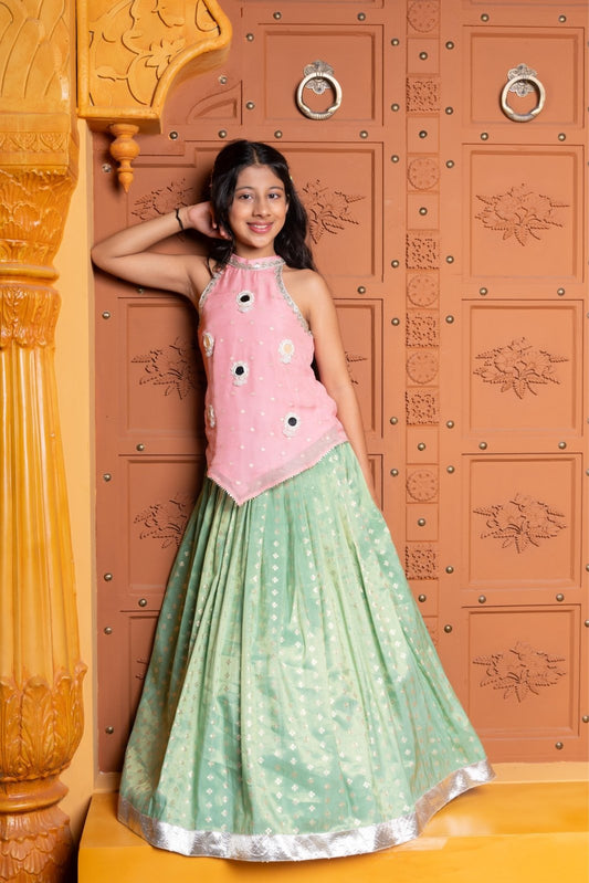 Charming silk and organza satin lehenga set for girls with pink mirror - work halter top and green woven flare skirt – perfect kids ethnic wear for weddings and festive occasions - Kirti Agarwal