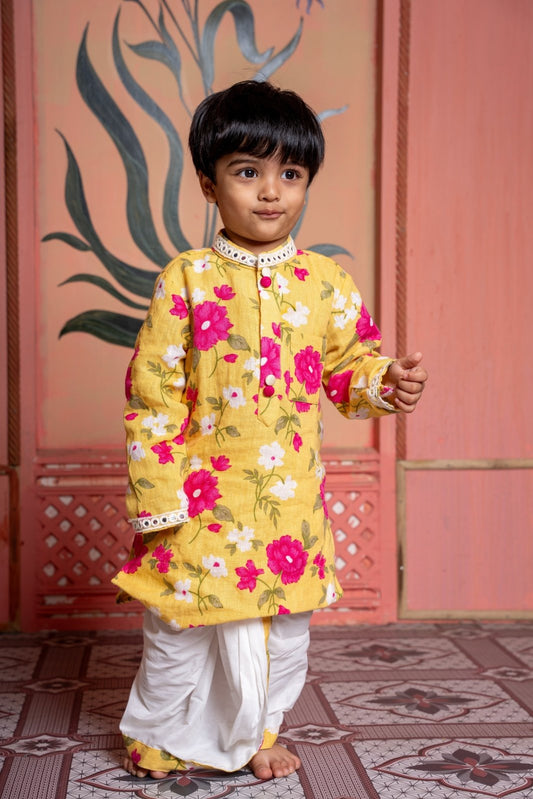 Charming yellow floral kurta with pre - stitched dhoti – a festive favorite for your little prince - Kirti Agarwal