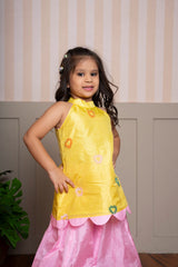 Charming yellow halter - neck kurti with scalloped hem and pink palazzo set, perfect for festive celebrations. - Kirti Agarwal