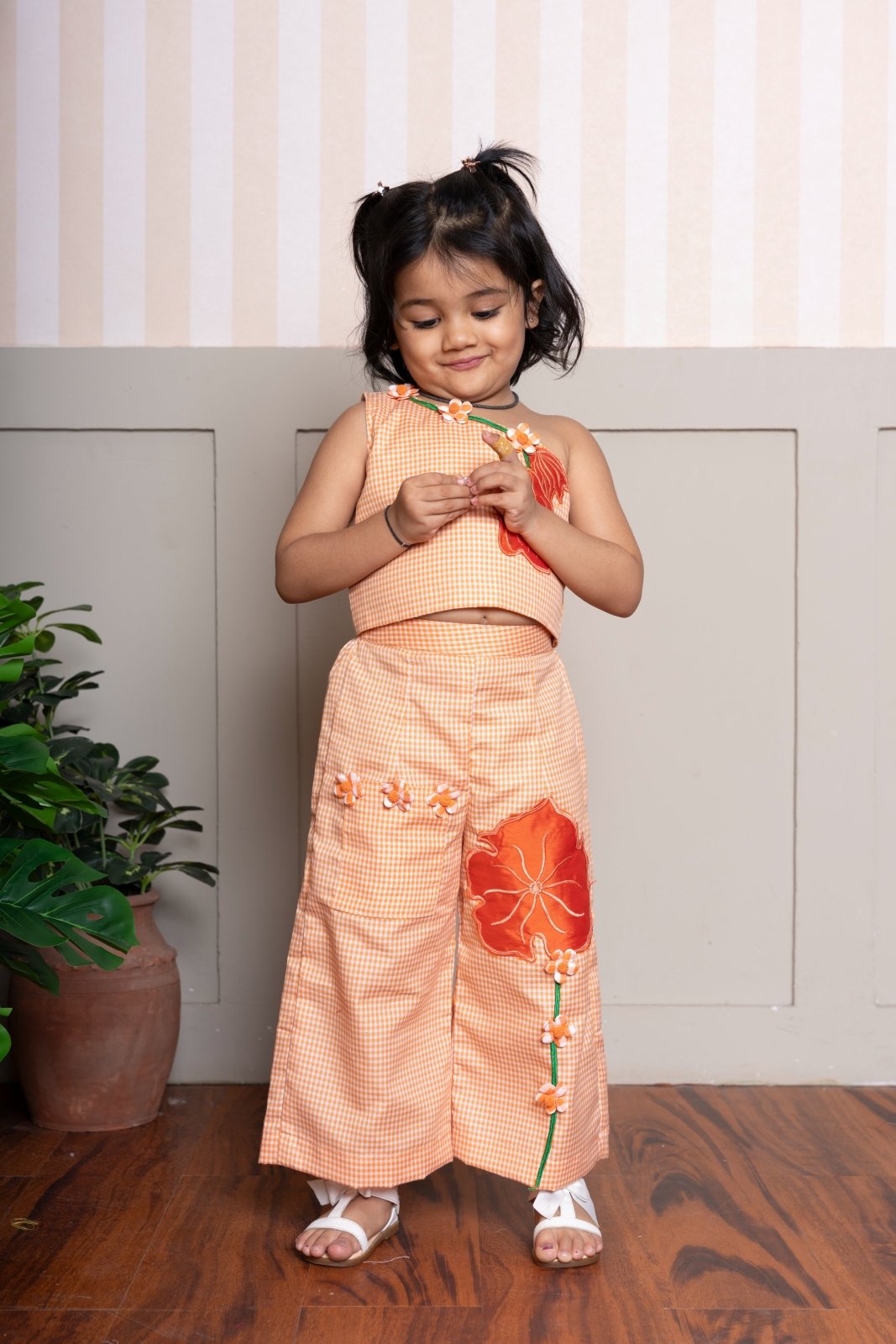 Chic and playful orange floral coord set for girls – comfort meets festive style - Kirti Agarwal
