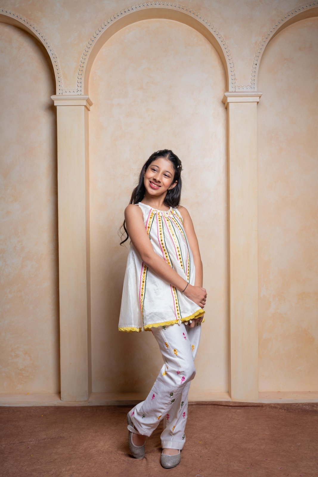 Chic Chanderi Silk ethnic set with mirror work and floral embroidery – perfect festive wear for your little fashionista - Kirti Agarwal