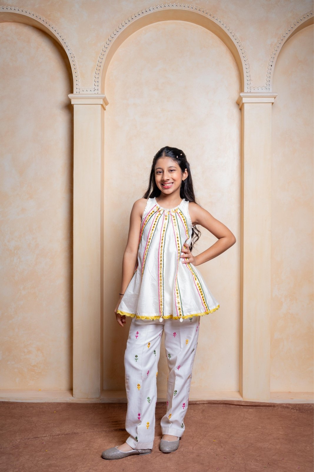 Chic Chanderi Silk ethnic set with mirror work and floral embroidery – perfect festive wear for your little fashionista - Kirti Agarwal