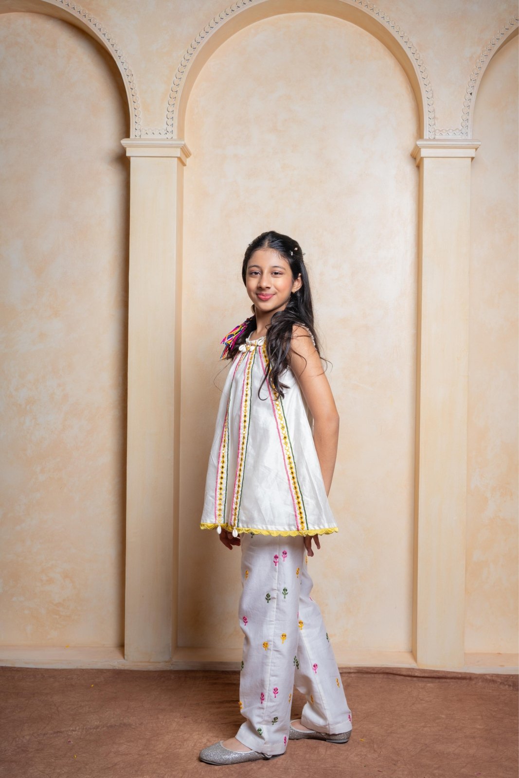 Chic Chanderi Silk ethnic set with mirror work and floral embroidery – perfect festive wear for your little fashionista - Kirti Agarwal