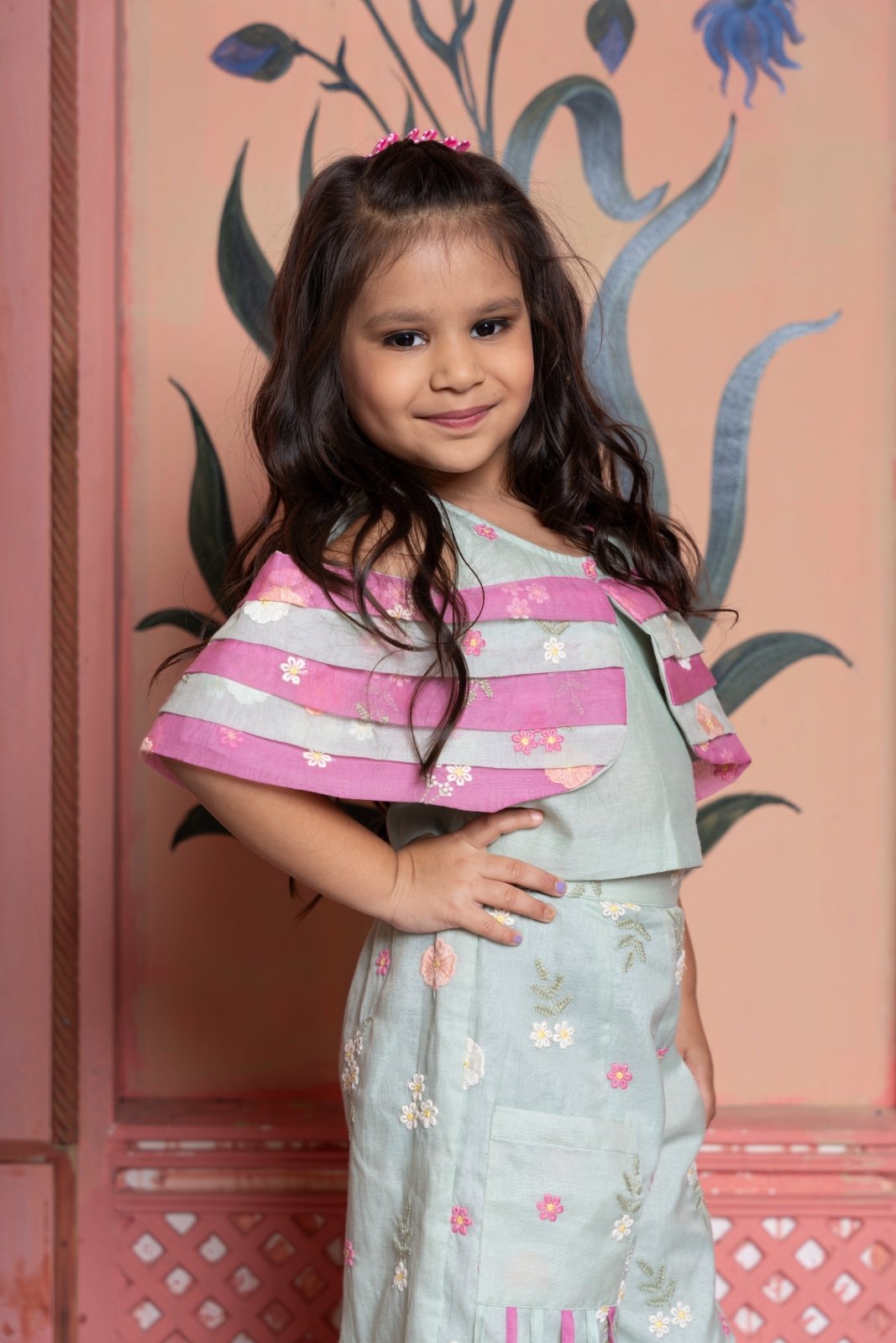 Chic mint green coord set with cape - style top and floral embroidered palazzos - Kirti Agarwal