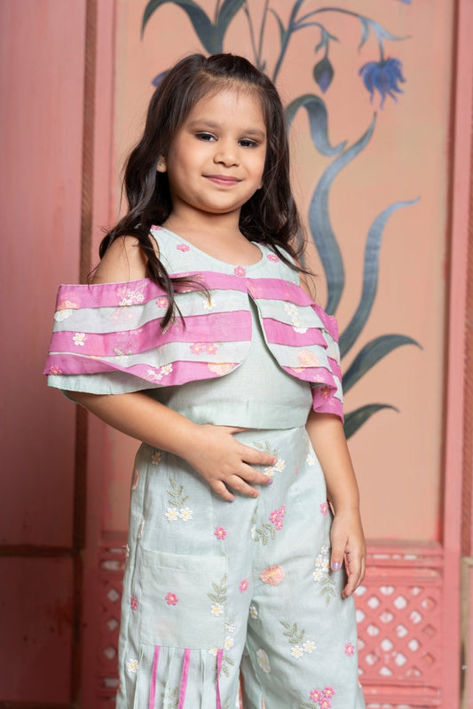 Chic mint green coord set with cape - style top and floral embroidered palazzos - Kirti Agarwal