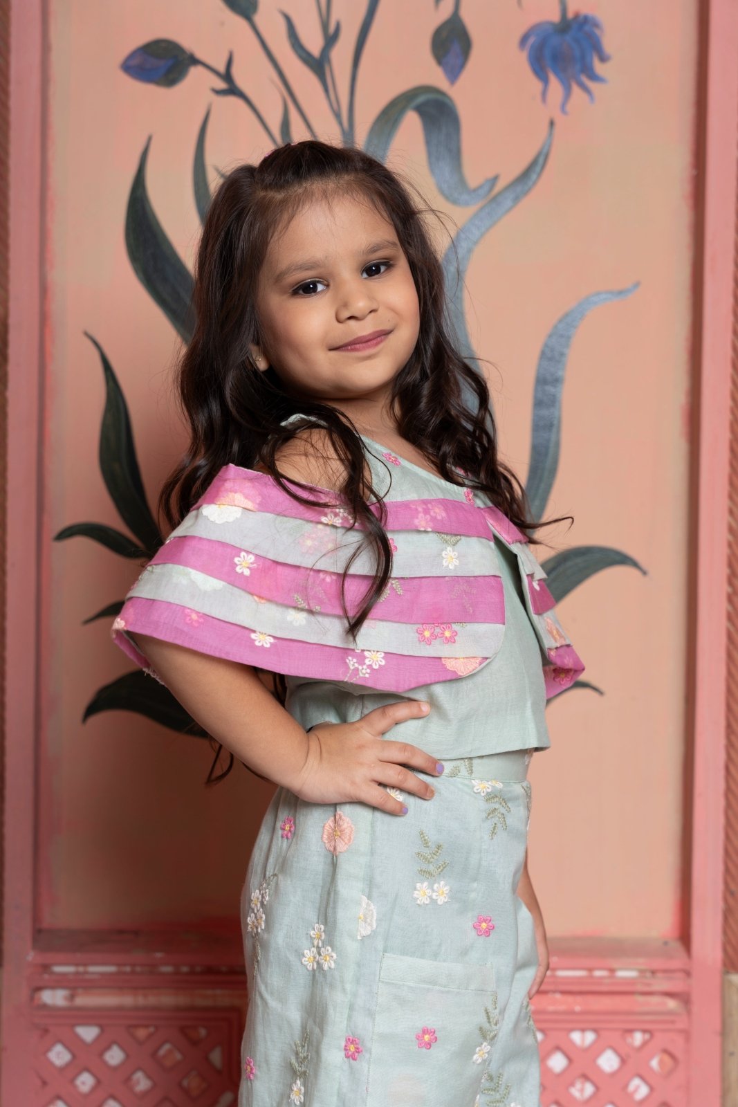 Chic mint green coord set with cape - style top and floral embroidered palazzos - Kirti Agarwal