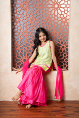 Chic pink and green sharara set with embroidered kurti and contrast dupatta — a perfect festive pick for young girls. - Kirti Agarwal