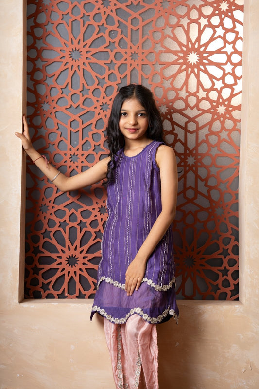 Chic purple kurti with peach tulip pants – a fusion festive look full of charm and style. - Kirti Agarwal