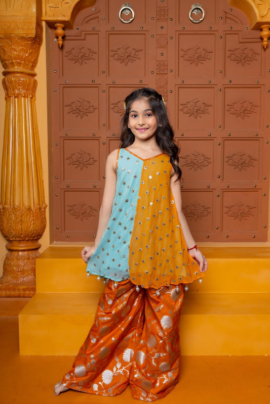 Dual - tone embroidered georgette kurta with brocade silk sharara – a perfect festive outfit for your little fashionista - Kirti Agarwal