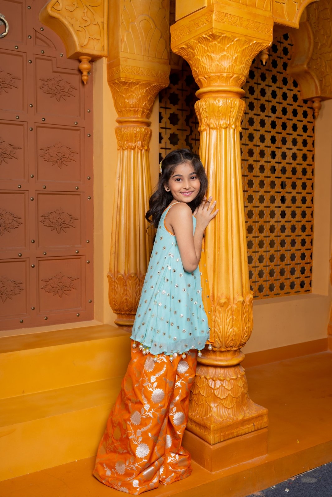 Dual - tone embroidered georgette kurta with brocade silk sharara – a perfect festive outfit for your little fashionista - Kirti Agarwal