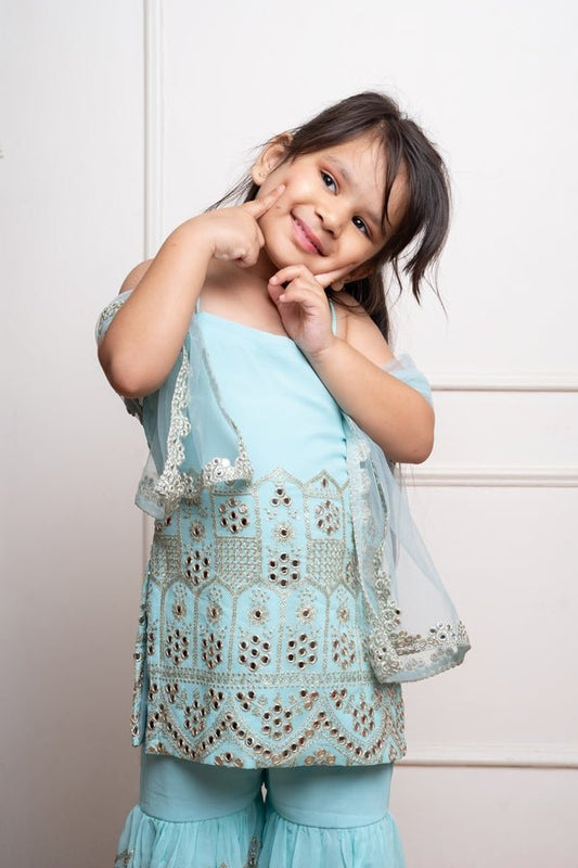 Elegant aqua blue sharara set with intricate mirror work and embroidery, perfect for festive occasions and celebrations - Kirti Agarwal