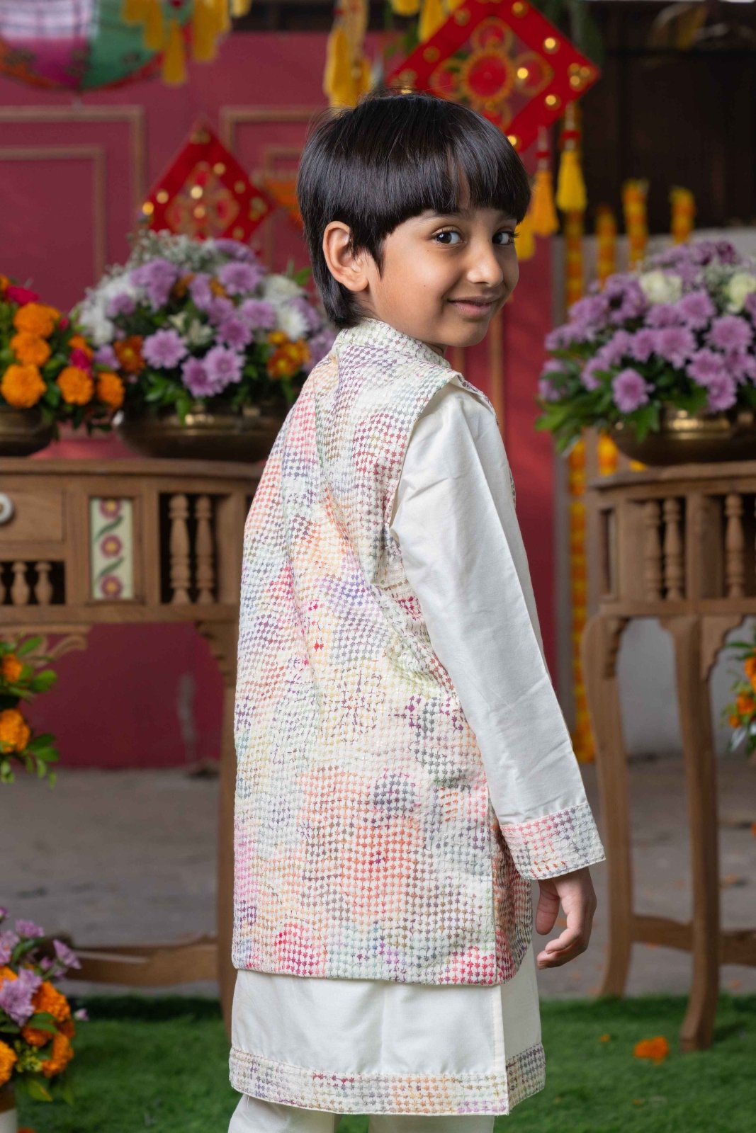 Elegant Cream Silk Kurta with Multi - Colored Textured Nehru Jacket and Matching Pants – Perfect for Weddings, Festive Celebrations, and Special Occasions - Kirti Agarwal