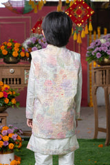 Elegant Cream Silk Kurta with Multi - Colored Textured Nehru Jacket and Matching Pants – Perfect for Weddings, Festive Celebrations, and Special Occasions - Kirti Agarwal