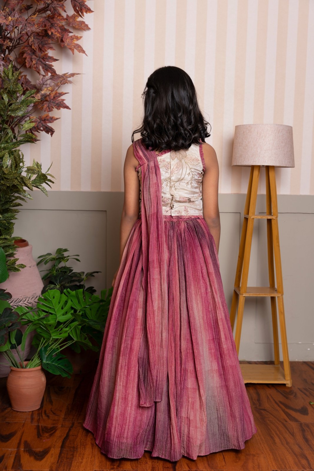 Elegant floral - embroidered top with ombre - dyed flared skirt — a graceful festive ensemble for your little one. - Kirti Agarwal