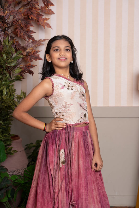 Elegant floral - embroidered top with ombre - dyed flared skirt — a graceful festive ensemble for your little one. - Kirti Agarwal