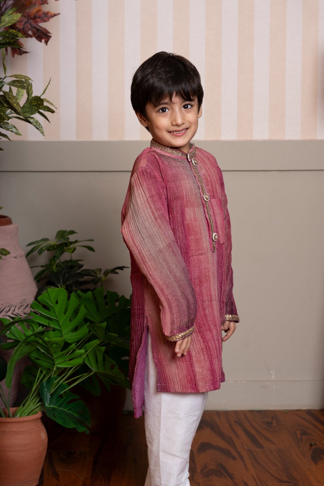 Elegant maroon - pink kurta set with golden detailing – perfect for festive celebrations. - Kirti Agarwal