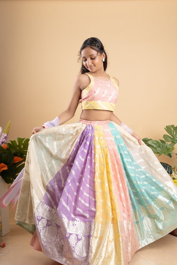 Elegant multicolored brocade lehenga set with intricate gold motifs and a matching pastel dupatta - Kirti Agarwal