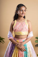 Elegant multicolored brocade lehenga set with intricate gold motifs and a matching pastel dupatta - Kirti Agarwal