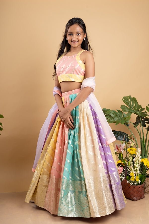 Elegant multicolored brocade lehenga set with intricate gold motifs and a matching pastel dupatta - Kirti Agarwal