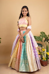 Elegant multicolored brocade lehenga set with intricate gold motifs and a matching pastel dupatta - Kirti Agarwal