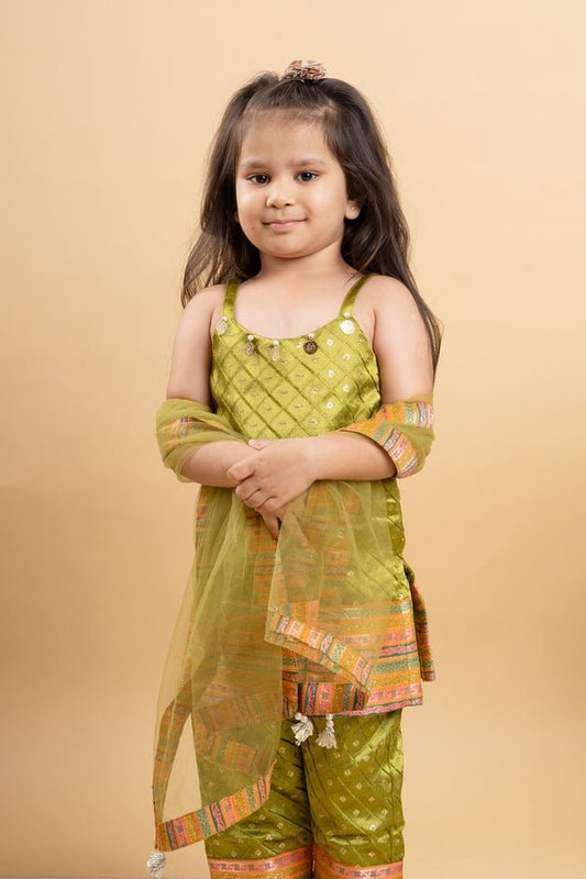 Elegant olive Green brocade set with vibrant woven borders, perfect for festive celebrations - Kirti Agarwal