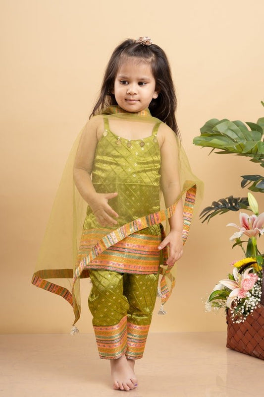 Elegant olive Green brocade set with vibrant woven borders, perfect for festive celebrations - Kirti Agarwal