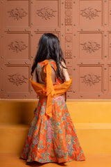 Elegant Orange Floral Printed Top With Lehenga And Dupatta - Kirti Agarwal