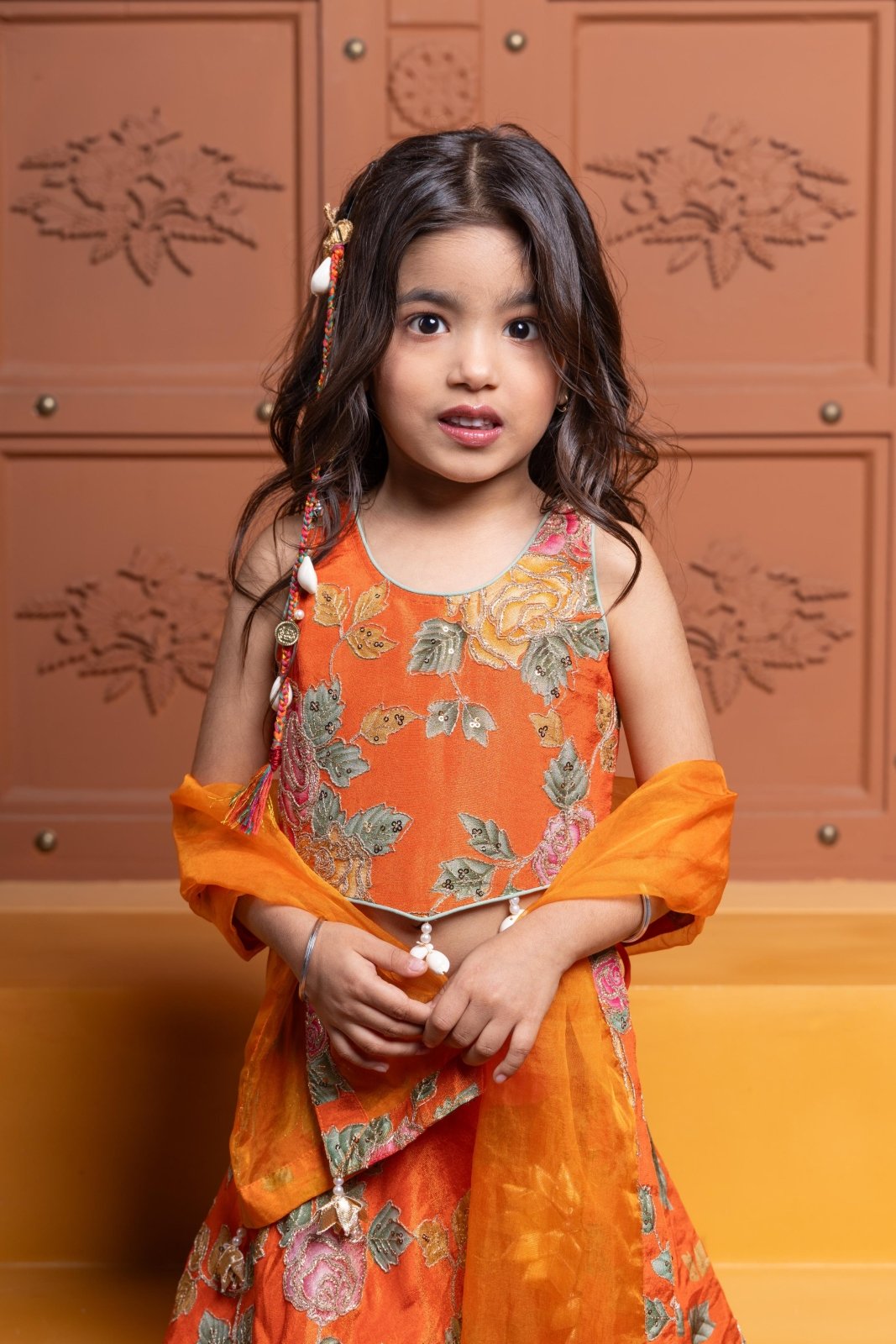 Elegant Orange Floral Printed Top With Lehenga And Dupatta - Kirti Agarwal