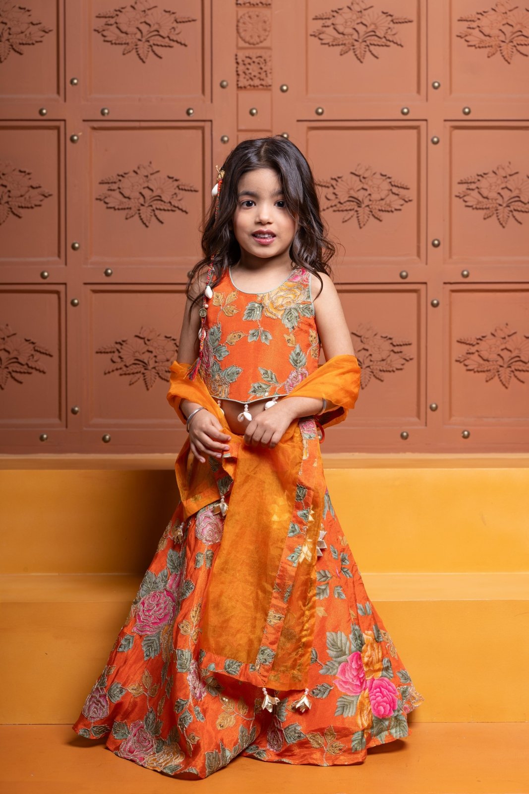 Elegant Orange Floral Printed Top With Lehenga And Dupatta - Kirti Agarwal
