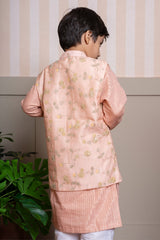 Elegant peach kurta set with embroidered Nehru jacket—perfect for festive flair and timeless charm. - Kirti Agarwal