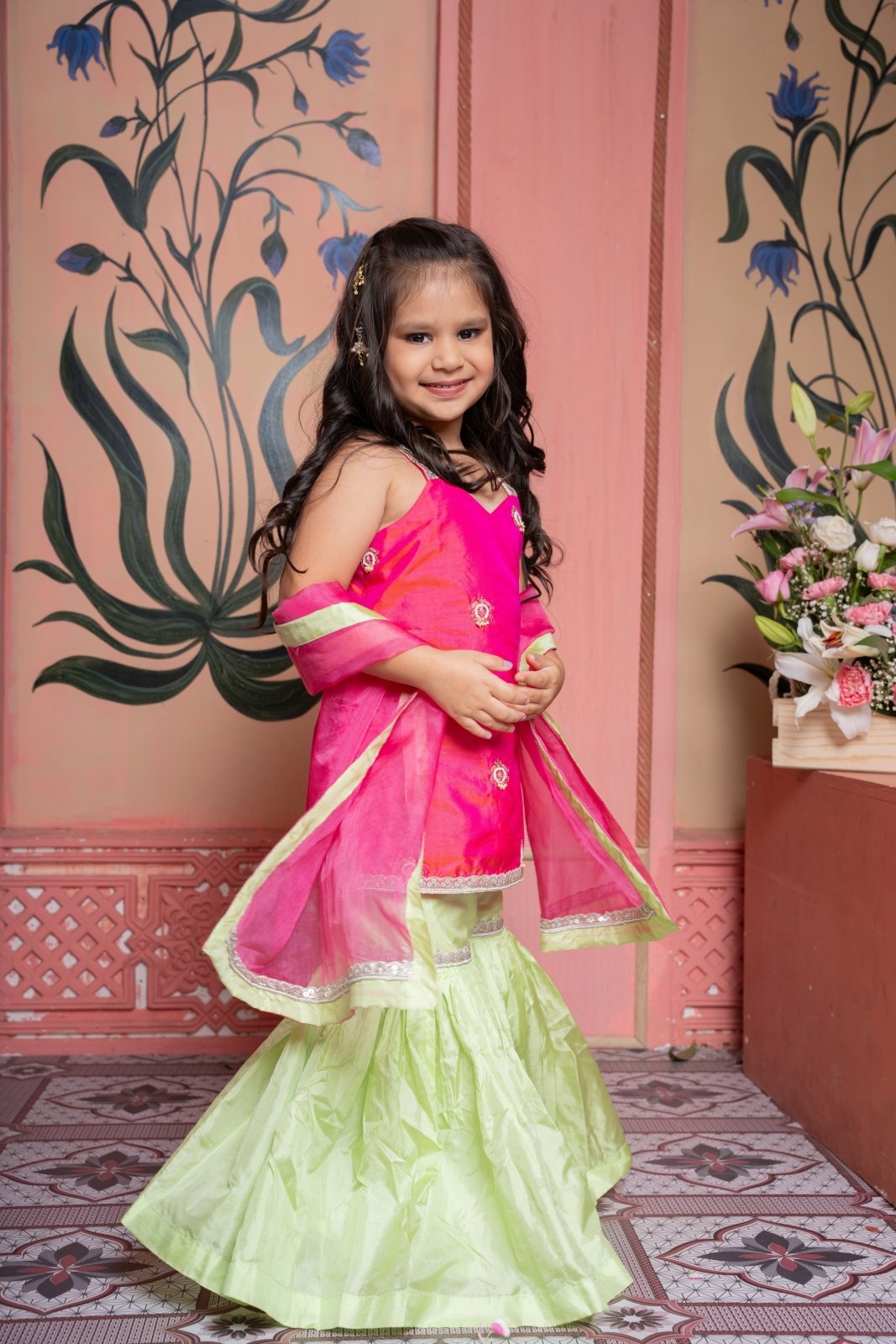 Elegant Pink and Lime Green Sharara Set for Girls – Perfect for Festive and Traditional Occasions. - Kirti Agarwal