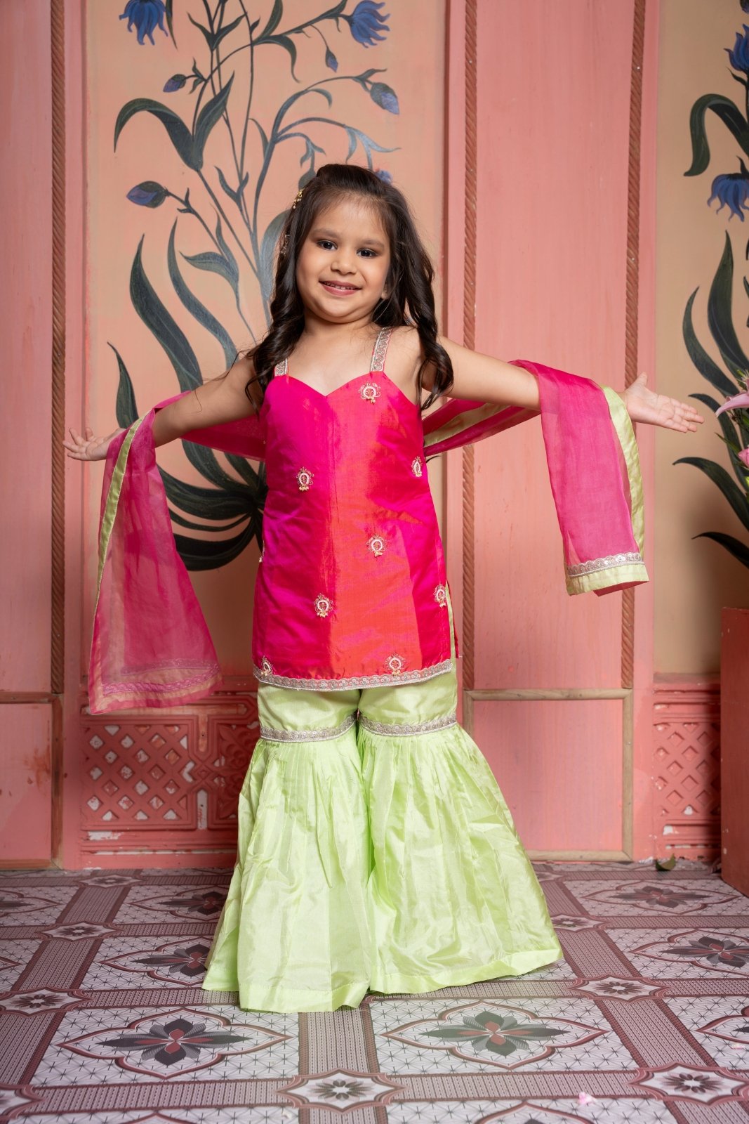 Elegant Pink and Lime Green Sharara Set for Girls – Perfect for Festive and Traditional Occasions. - Kirti Agarwal