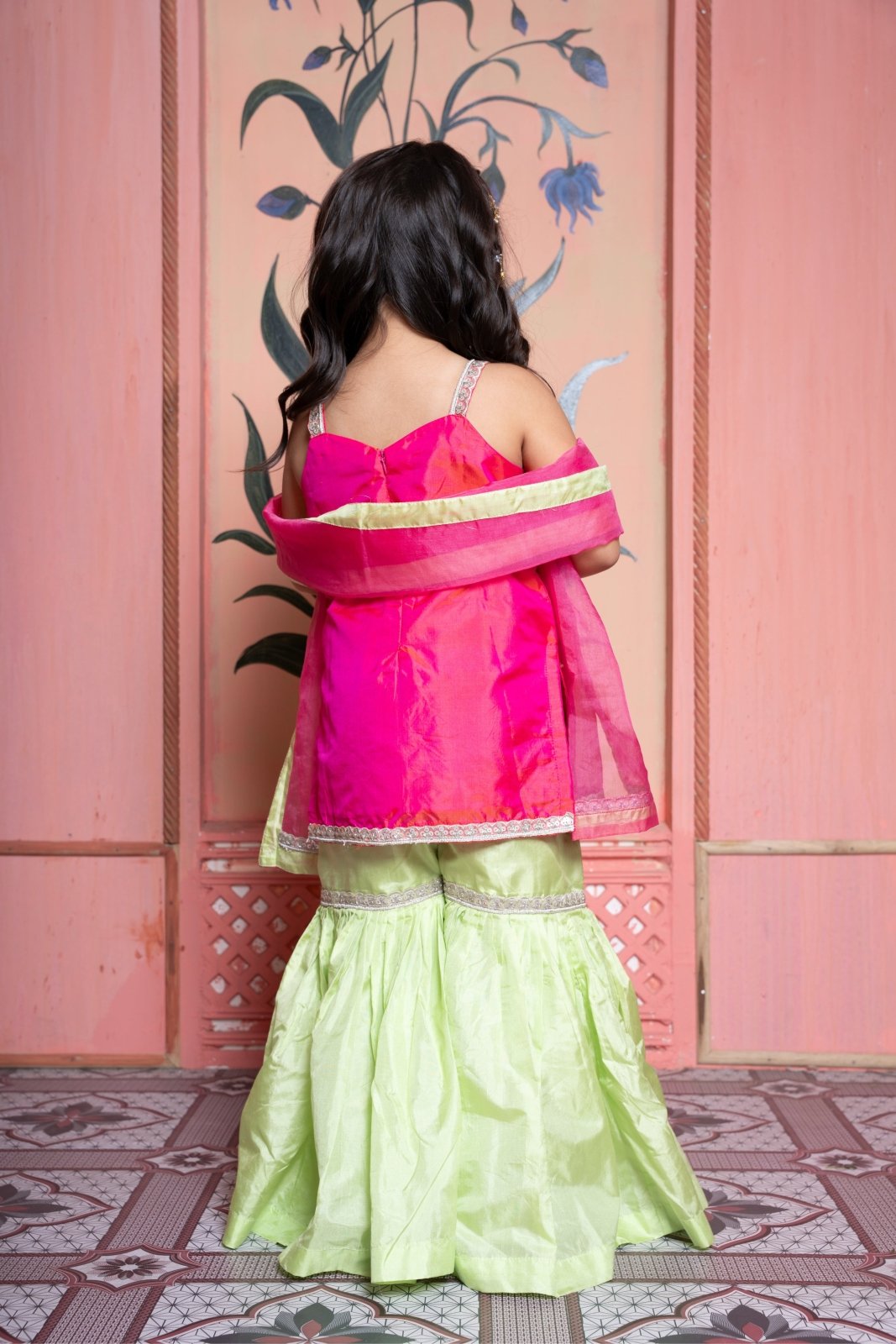Elegant Pink and Lime Green Sharara Set for Girls – Perfect for Festive and Traditional Occasions. - Kirti Agarwal