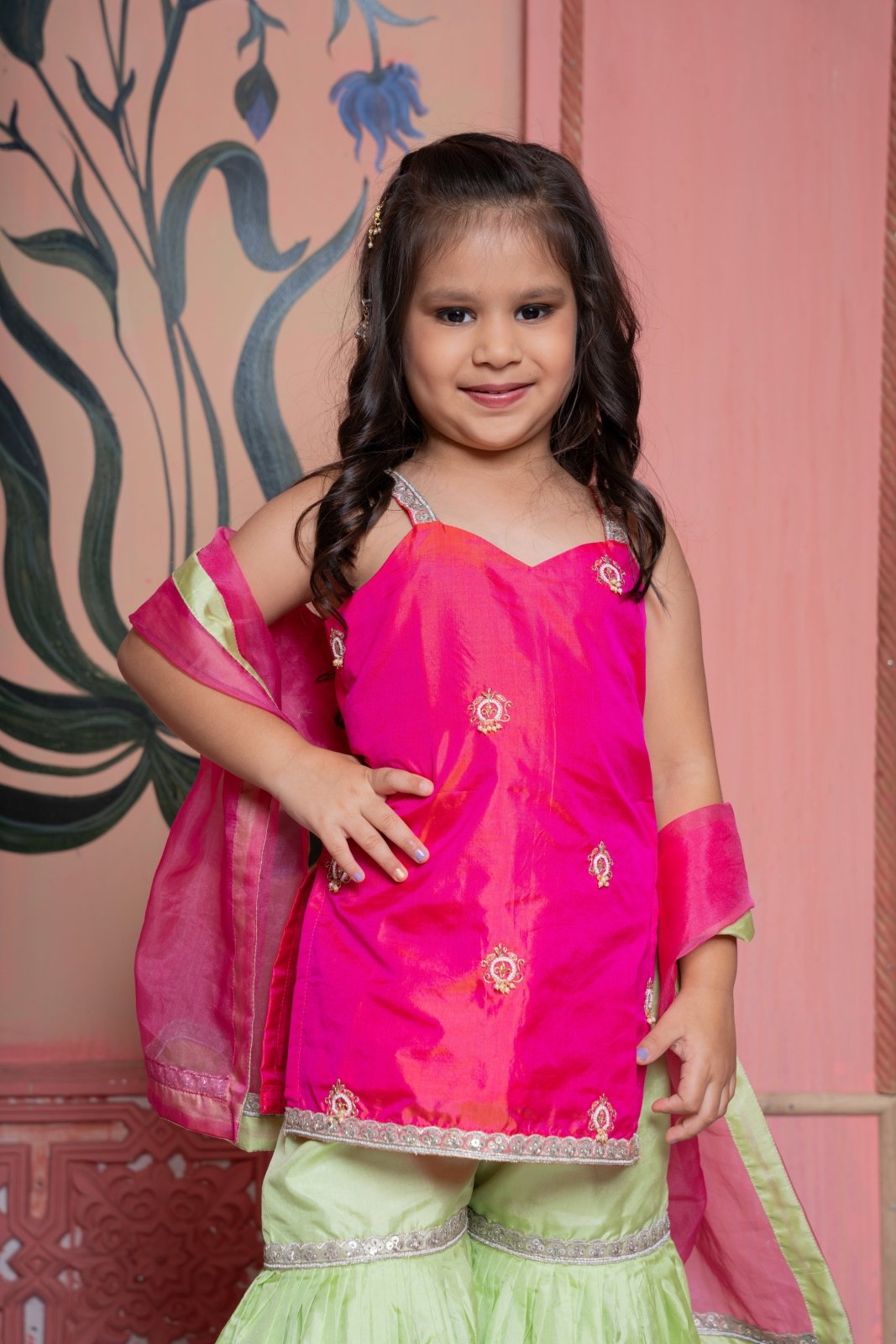 Elegant Pink and Lime Green Sharara Set for Girls – Perfect for Festive and Traditional Occasions. - Kirti Agarwal