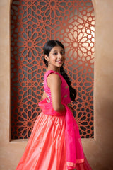 Elegant pink and orange lehenga set with intricate hand embroidery and tassel - detailed dupatta — perfect for festive occasions. - Kirti Agarwal