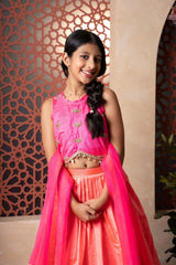 Elegant pink and orange lehenga set with intricate hand embroidery and tassel - detailed dupatta — perfect for festive occasions. - Kirti Agarwal