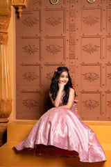 Elegant pink brocade lehenga set for girls with stylish ruched crop top, embroidered pockets, and statement back bow – perfect kids ethnic wear for weddings and parties - Kirti Agarwal