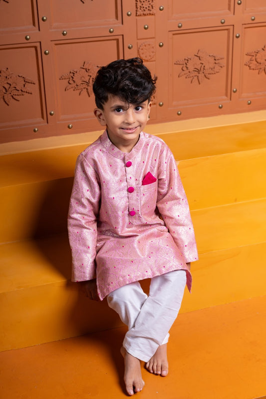 Elegant pink silk kurta with white churidar – a perfect traditional outfit for boys on festive and special occasions - Kirti Agarwal