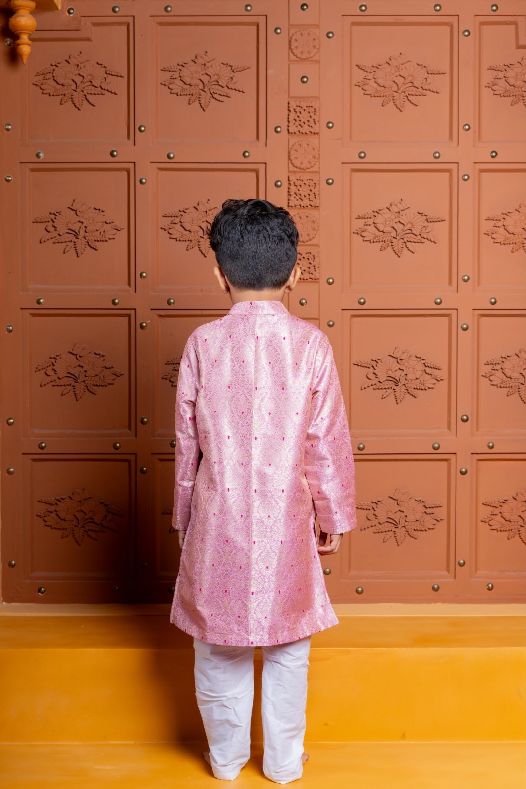 Elegant pink silk kurta with white churidar – a perfect traditional outfit for boys on festive and special occasions - Kirti Agarwal