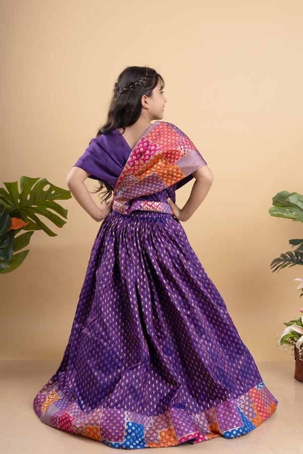 Elegant purple silk lehenga choli with vibrant patchwork detailing, perfect for festive celebrations - Kirti Agarwal
