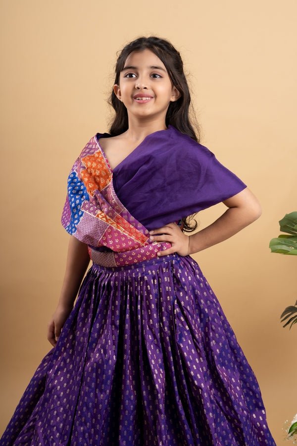Elegant purple silk lehenga choli with vibrant patchwork detailing, perfect for festive celebrations - Kirti Agarwal