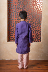 Elevate festive looks with this royal purple kurta and peach pant set for boys. - Kirti Agarwal