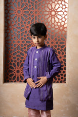 Elevate festive looks with this royal purple kurta and peach pant set for boys. - Kirti Agarwal