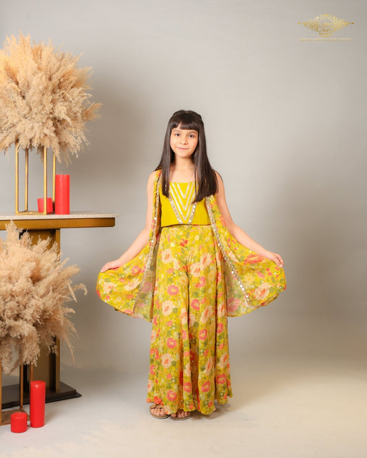 Embroidered And Embellished Strappy Top With Printed Cape And Palazzo - Kirti Agarwal