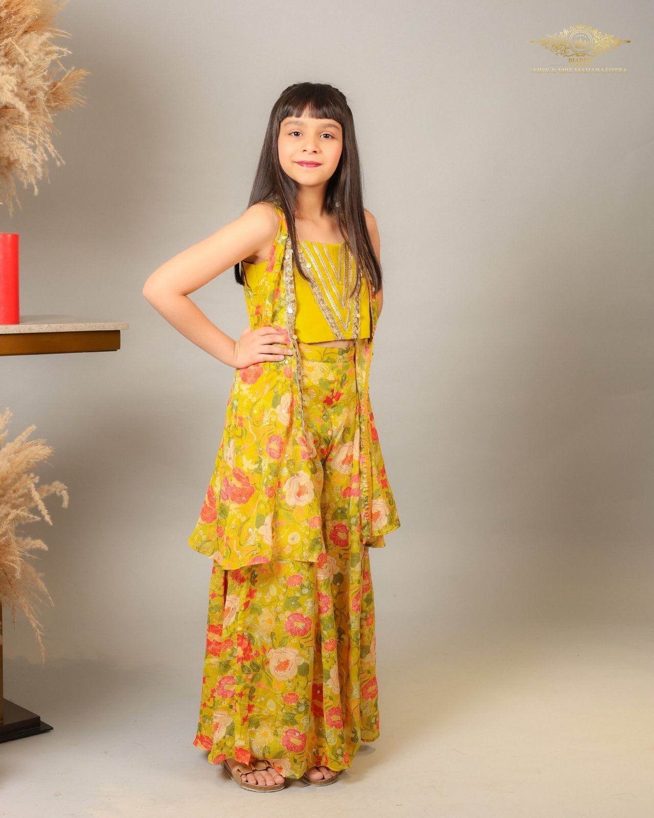 Embroidered And Embellished Strappy Top With Printed Cape And Palazzo - Kirti Agarwal