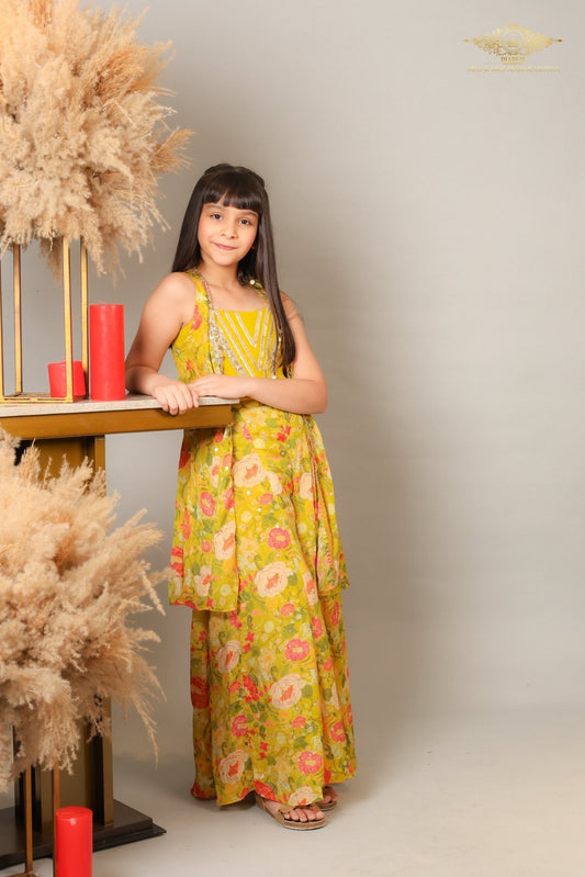 Embroidered And Embellished Strappy Top With Printed Cape And Palazzo - Kirti Agarwal