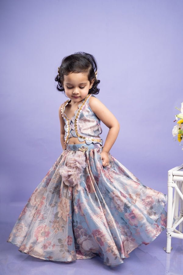 Enchanting pastel floral dress with gold sequin detailing and a flowy skirt, perfect for special occasions. - Kirti Agarwal