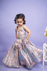 Enchanting pastel floral dress with gold sequin detailing and a flowy skirt, perfect for special occasions. - Kirti Agarwal