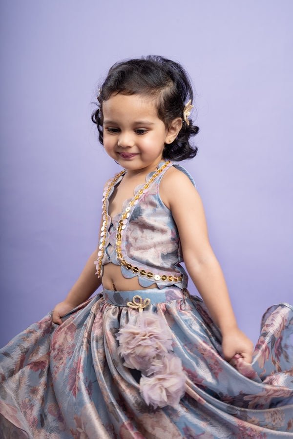 Enchanting pastel floral dress with gold sequin detailing and a flowy skirt, perfect for special occasions. - Kirti Agarwal