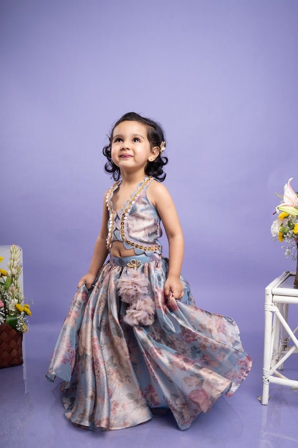 Enchanting pastel floral dress with gold sequin detailing and a flowy skirt, perfect for special occasions. - Kirti Agarwal